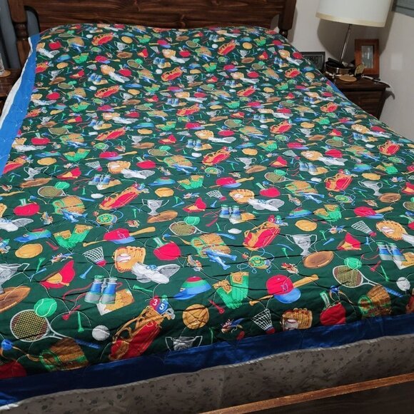 Handmade Baseball Logo Blue Multicolored Bed Quilt Comforter Twin Size - Picture 2 of 7